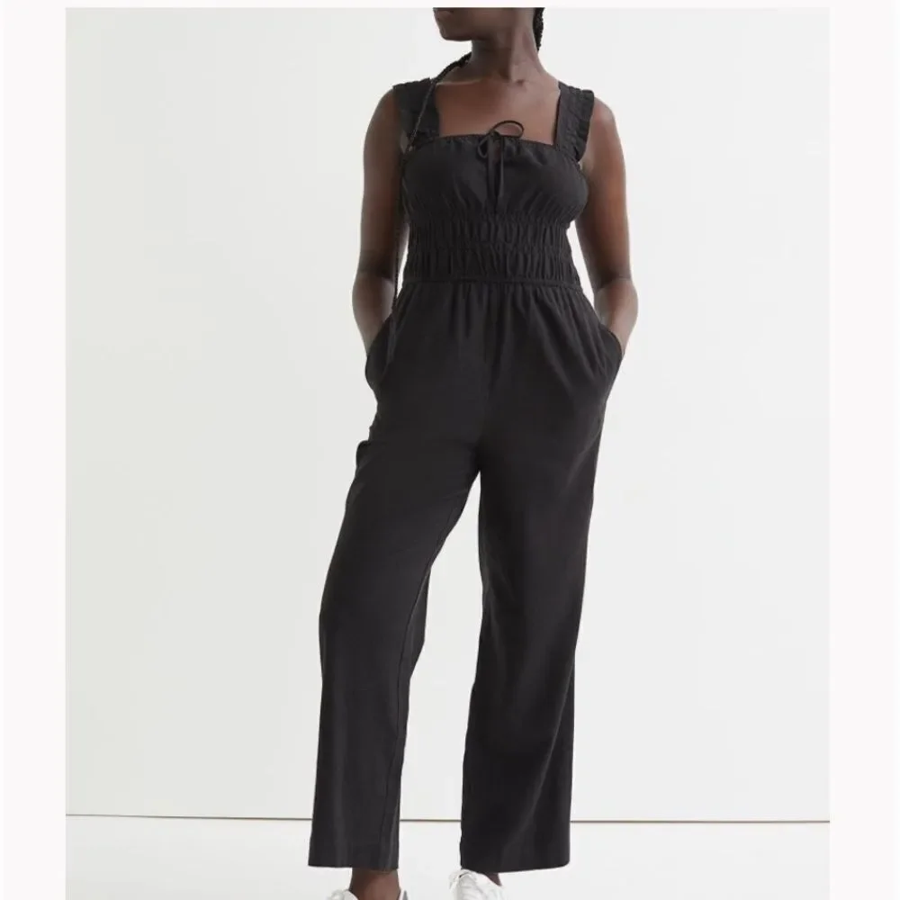 H&M‎ Linen Blend Jumpsuit Romper Ruffled Black M Nwt